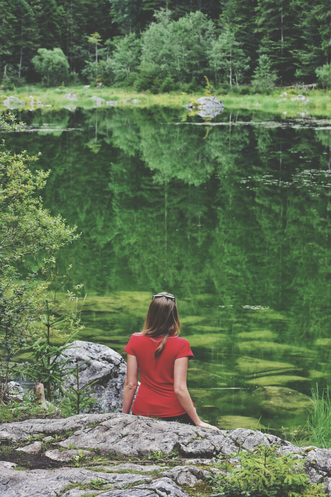 woman-sitting-by-lake-forest green fern plant in close up photography